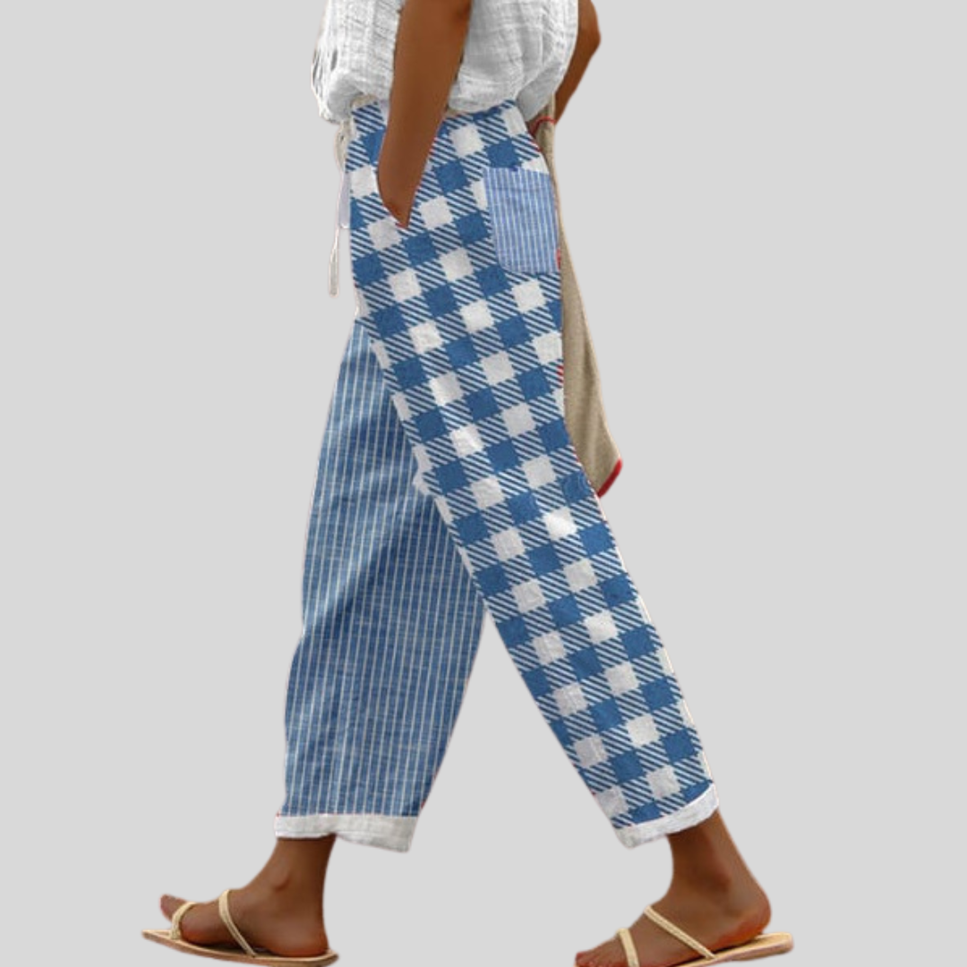 Patchwork casual pants with blue-and-white check and striped panel, relaxed fit