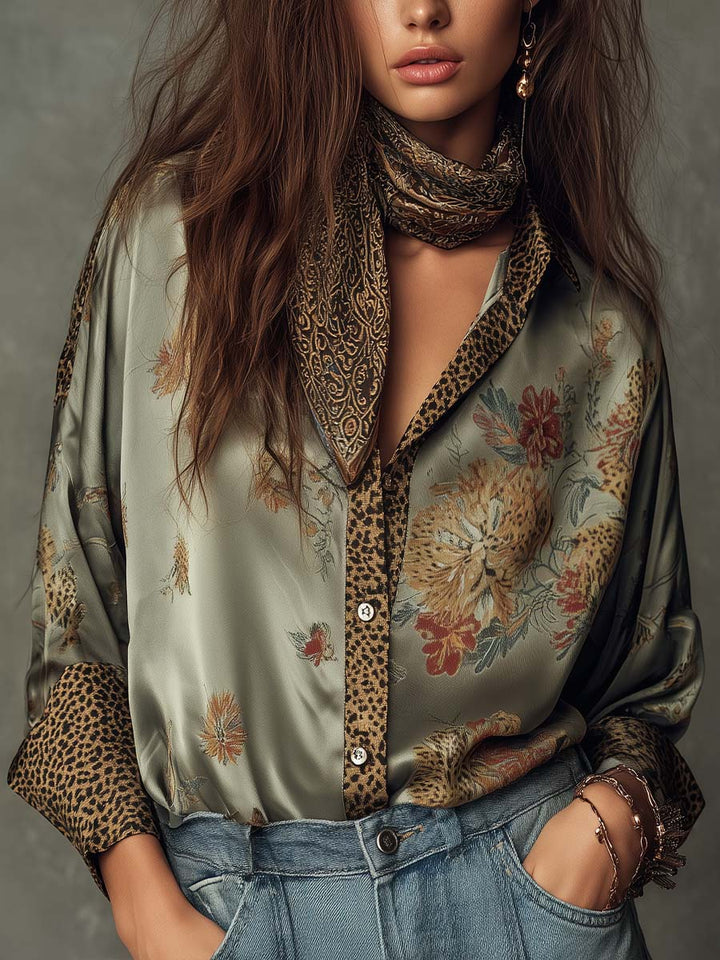 Women’s Satin Floral Shirt Leopard Trim