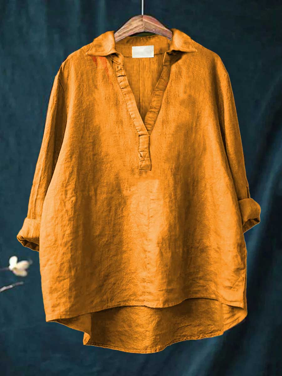 Mustard orange linen blouse with V-neck and short button placket, relaxed fit