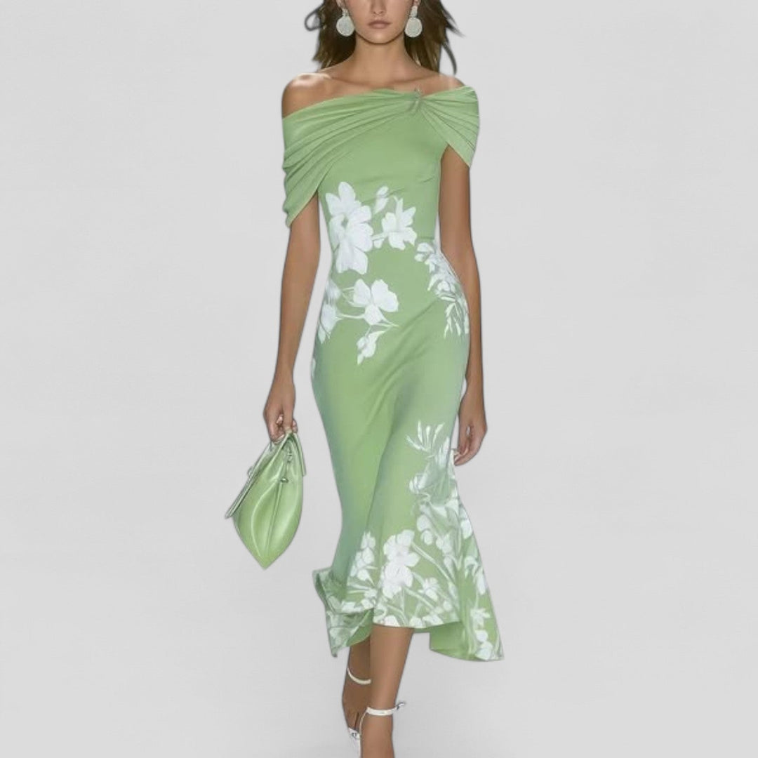 Green printed midi dress with off-shoulder neckline and draped twist front, relaxed fit