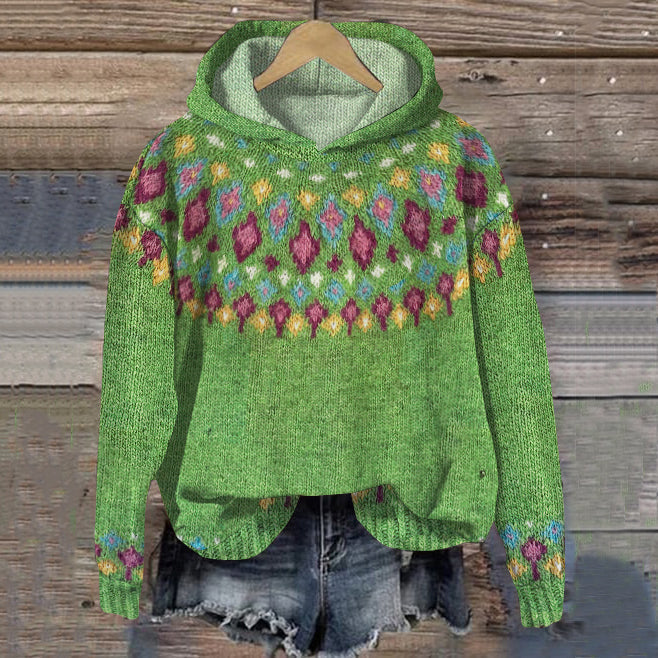 Nordic knit hoodie sweater in green with multicolor floral yoke and trim