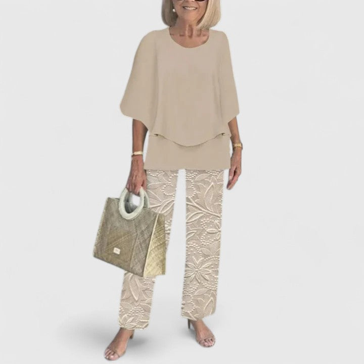 Two-piece blouse and trouser set with beige blouse and lace floral-print trousers