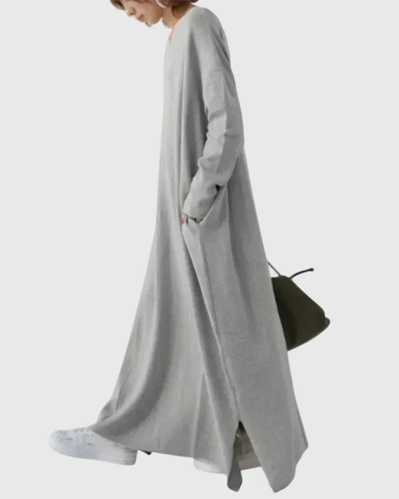 Relaxed cocoon maxi dress, gray, V-neck, long sleeves, side slit hem, side view