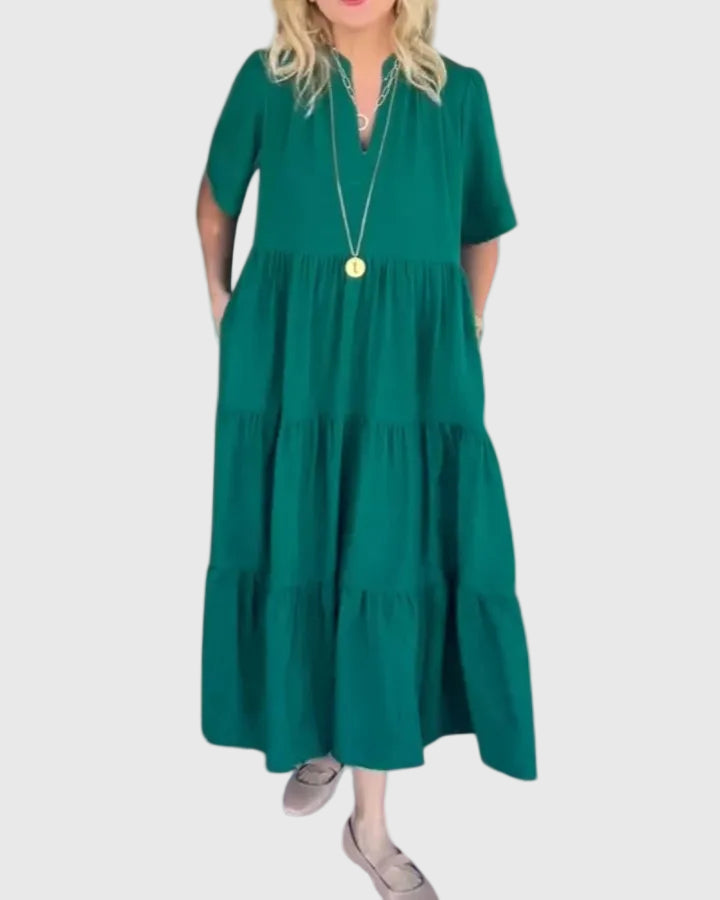 Sabrina tiered relaxed maxi dress in green, V-neck, short sleeves