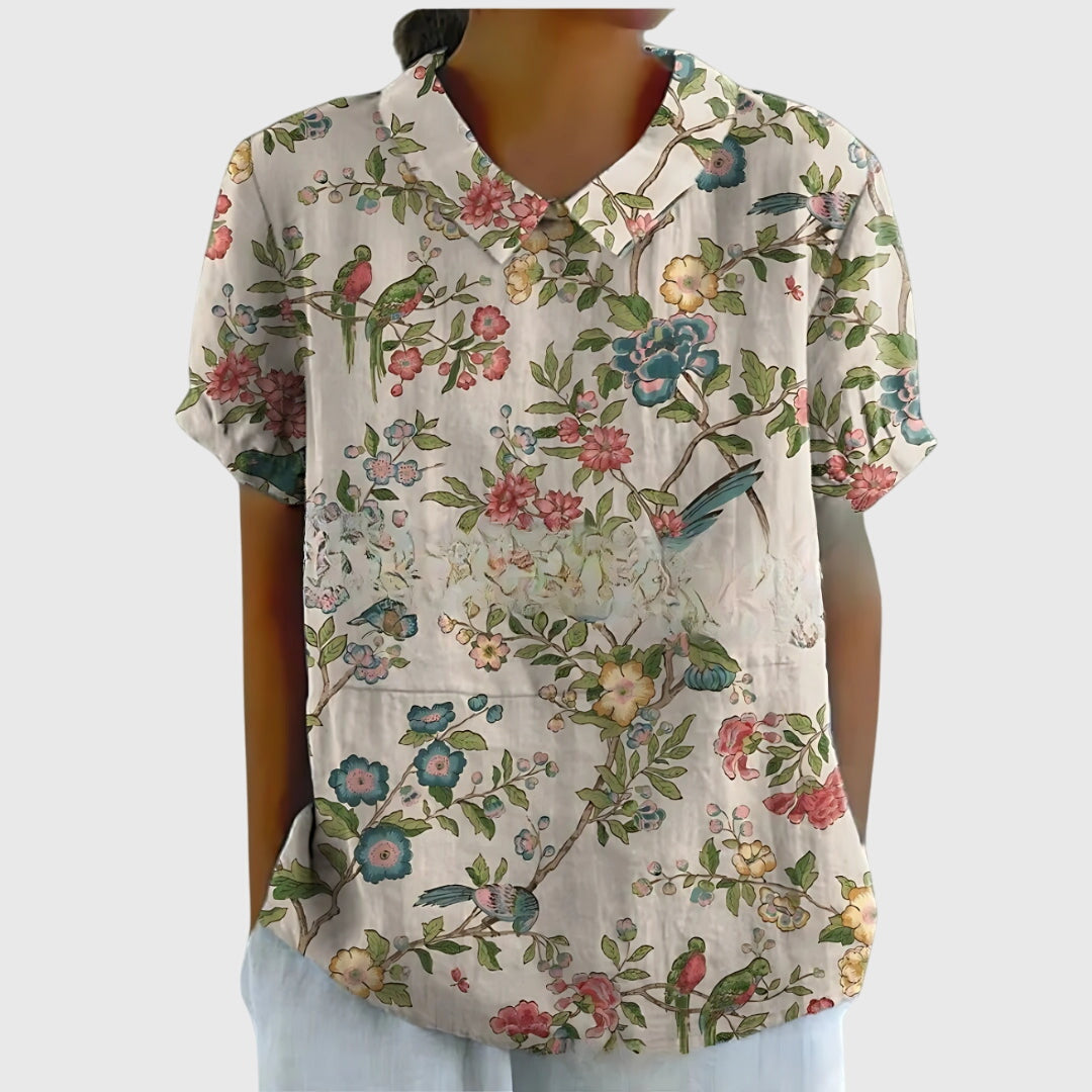 Floral collar blouse in white with multicolor flowers and birds print, short sleeves