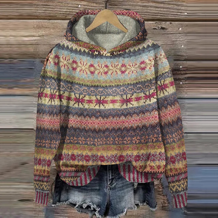 Boho knit hoodie sweater, multicolor fair-isle stripes with hood