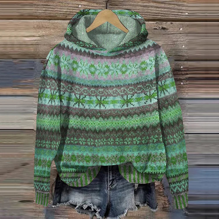 Boho knit hoodie sweater, green and purple fair-isle stripes with hood