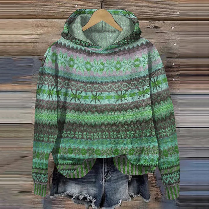 Boho knit hoodie sweater, green and purple fair-isle stripes with hood