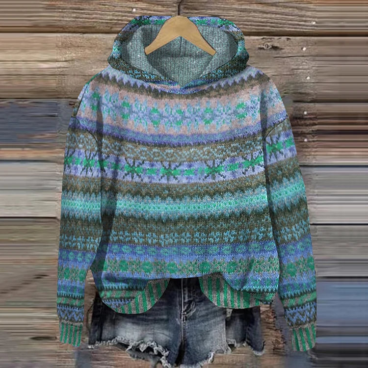 Boho knit hoodie sweater, green and blue fair-isle striped knit with hood