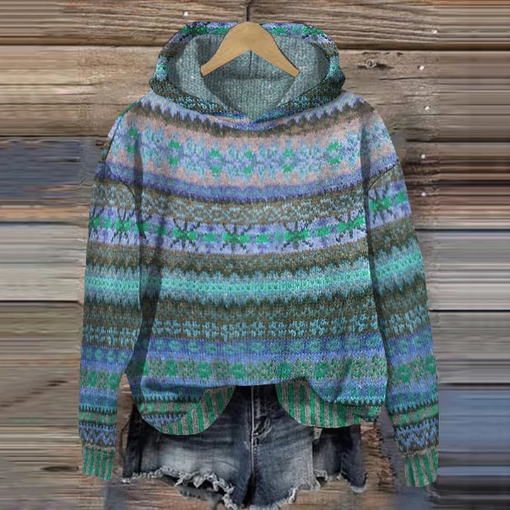 Boho knit hoodie sweater, green and blue fair-isle striped knit with hood
