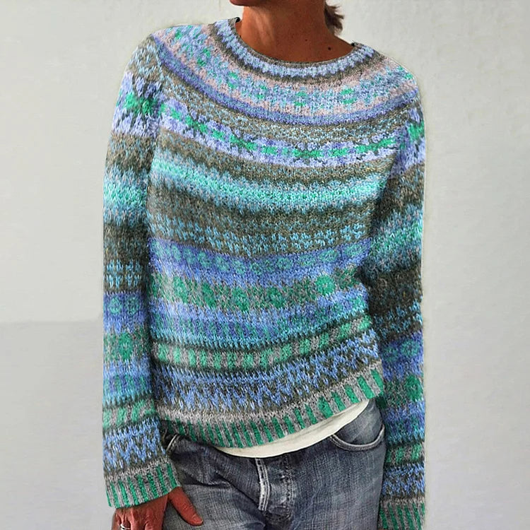 Crewneck multi-color knit sweater, long sleeves, blue-green striped knit, ribbed hem