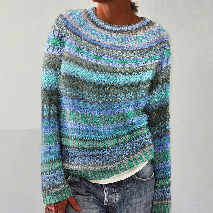 Crewneck multi-color knit sweater, long sleeves, blue-green striped knit, ribbed hem