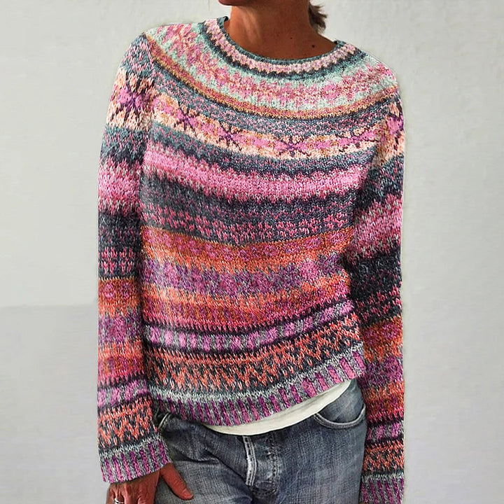 Crewneck multi-color knit sweater, long sleeves, striped pattern, ribbed hem