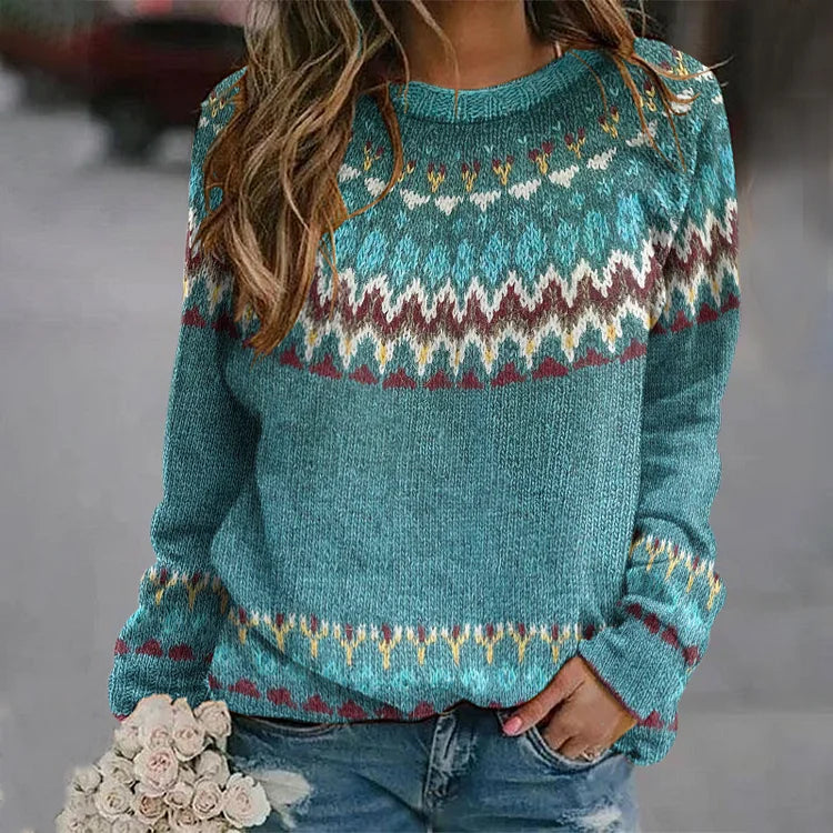 Teal Nordic knit sweater with fair isle pattern, crew neck, long sleeves, ribbed cuffs