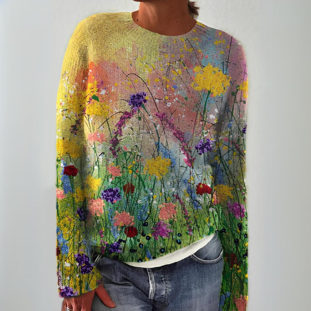 Floral art knit sweater, multicolor flowers on a light base, crew neck, long sleeves