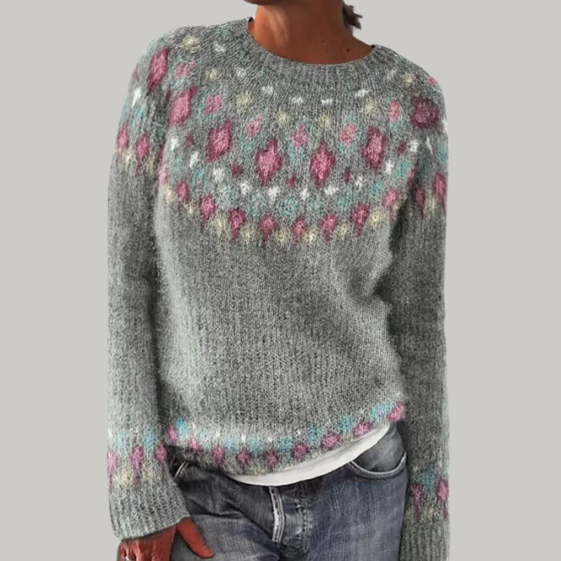 Pattern knit crewneck sweater, gray with pink and teal dot clusters, long sleeves