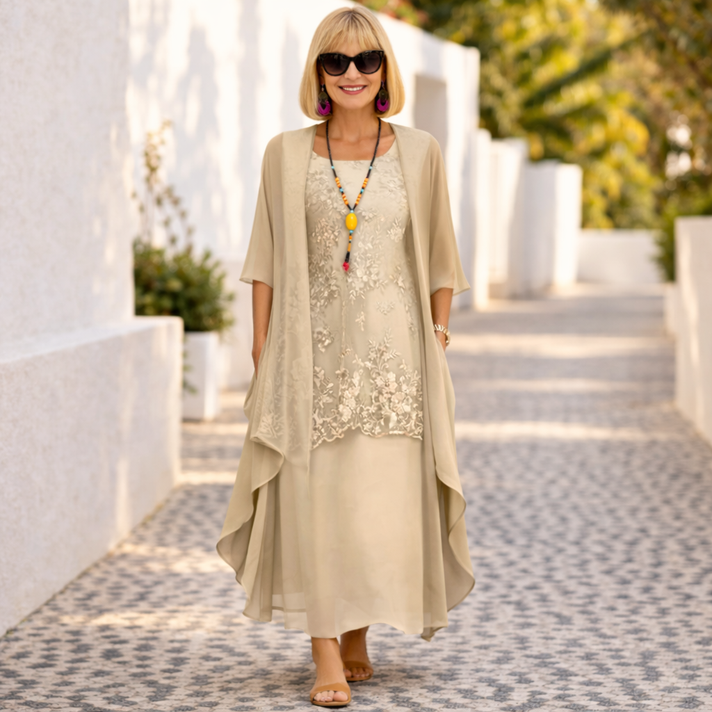 Beige long elegant dress with lace floral front panel and flowing draped overlay