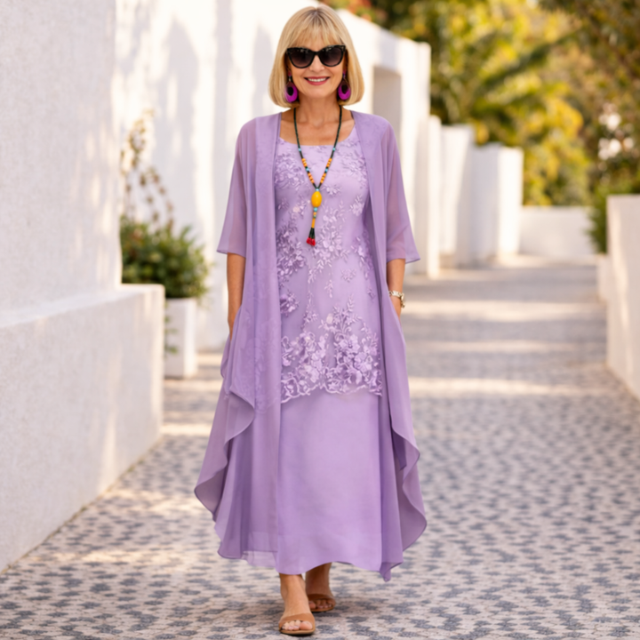 Purple long elegant dress with lace floral front panel and flowing draped sleeves
