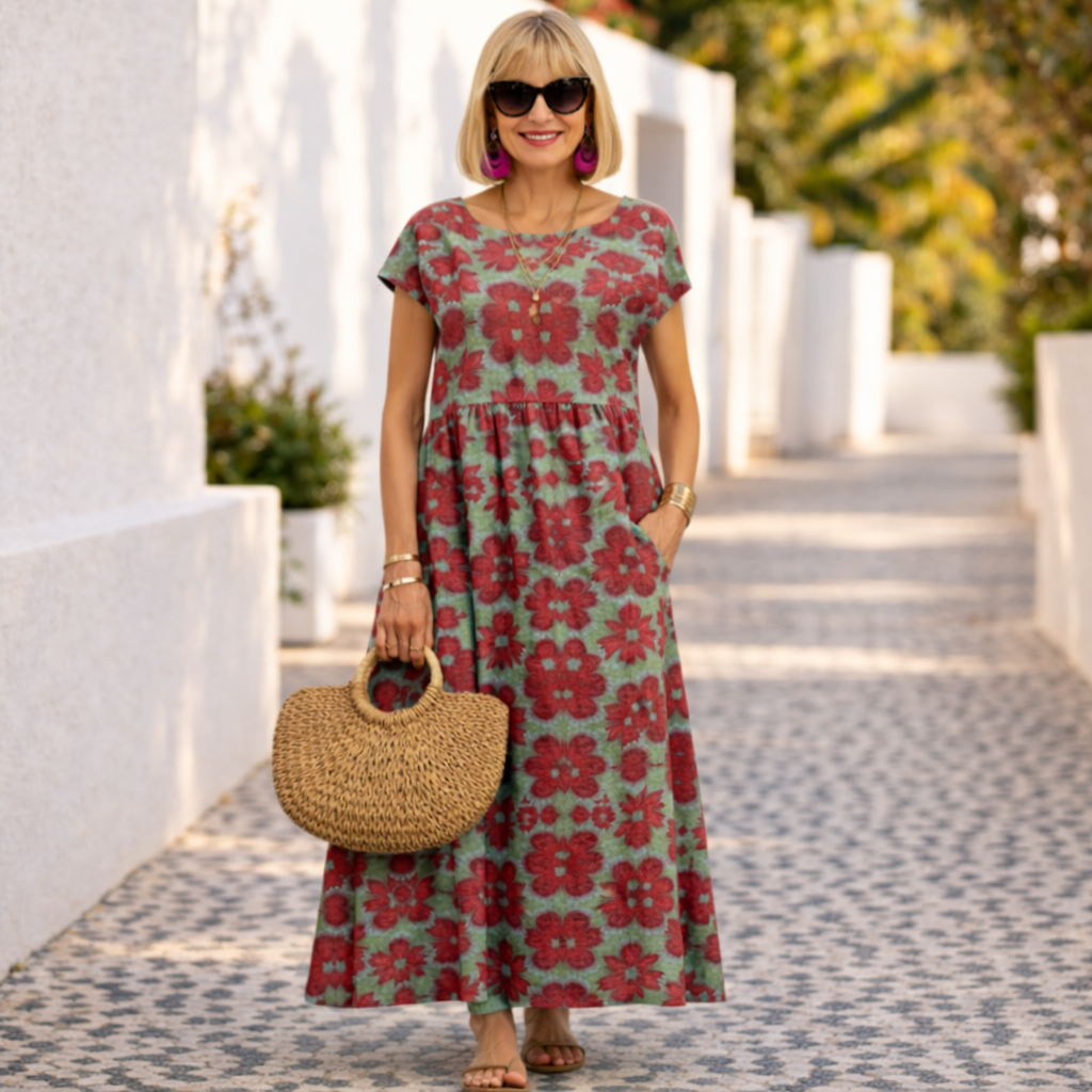 Floral maxi dress with short sleeves, tiered skirt, red and green flower print