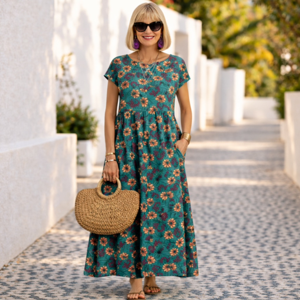 Floral maxi dress with short sleeves and tiered skirt, teal with orange flower print