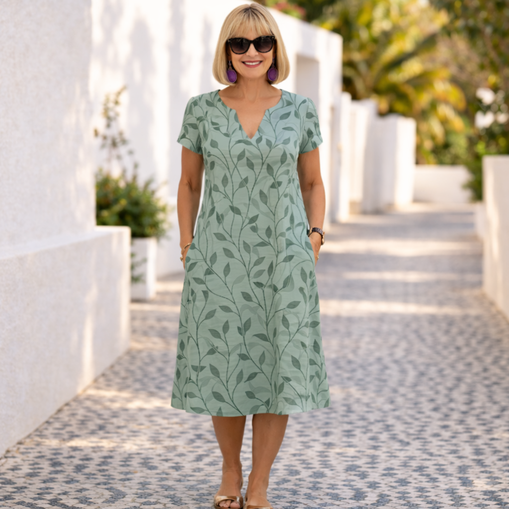 Calisse elegant summer dress in green with leaf print, V-neck and short sleeves