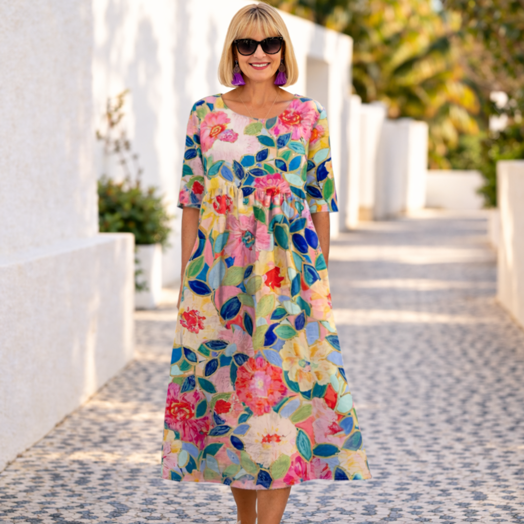 Floral dress with multicolor flower print, three-quarter sleeves and gathered skirt