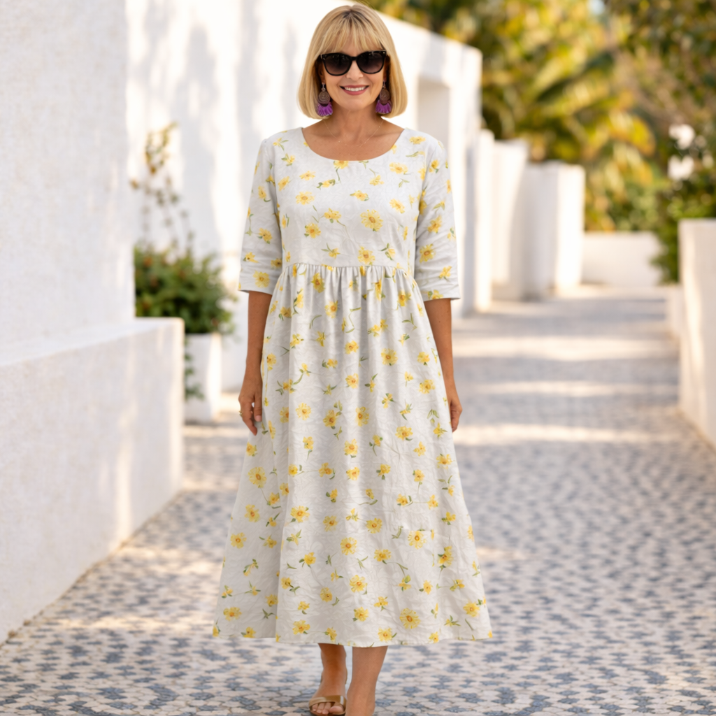 Floral dress in white with yellow flower print, three-quarter sleeves and gathered skirt