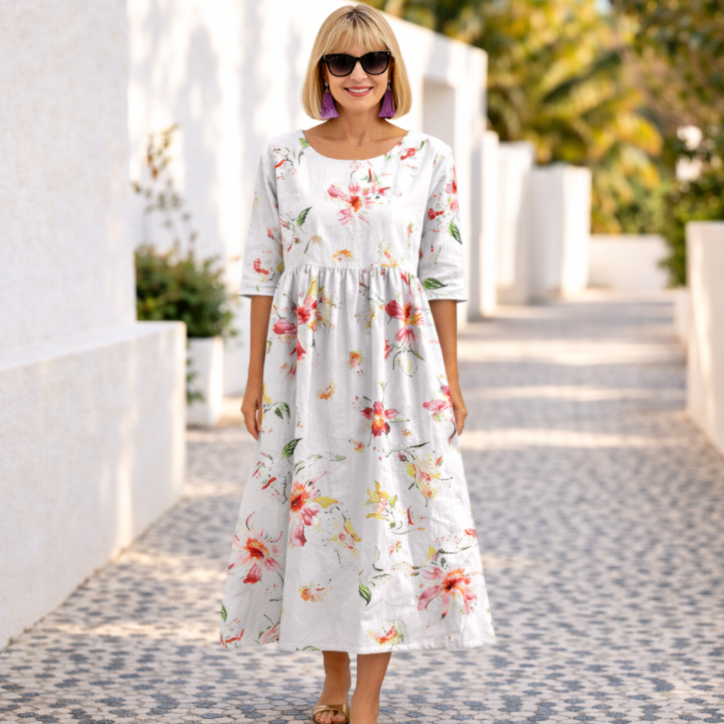 White summer floral dress with elbow-length sleeves and gathered skirt