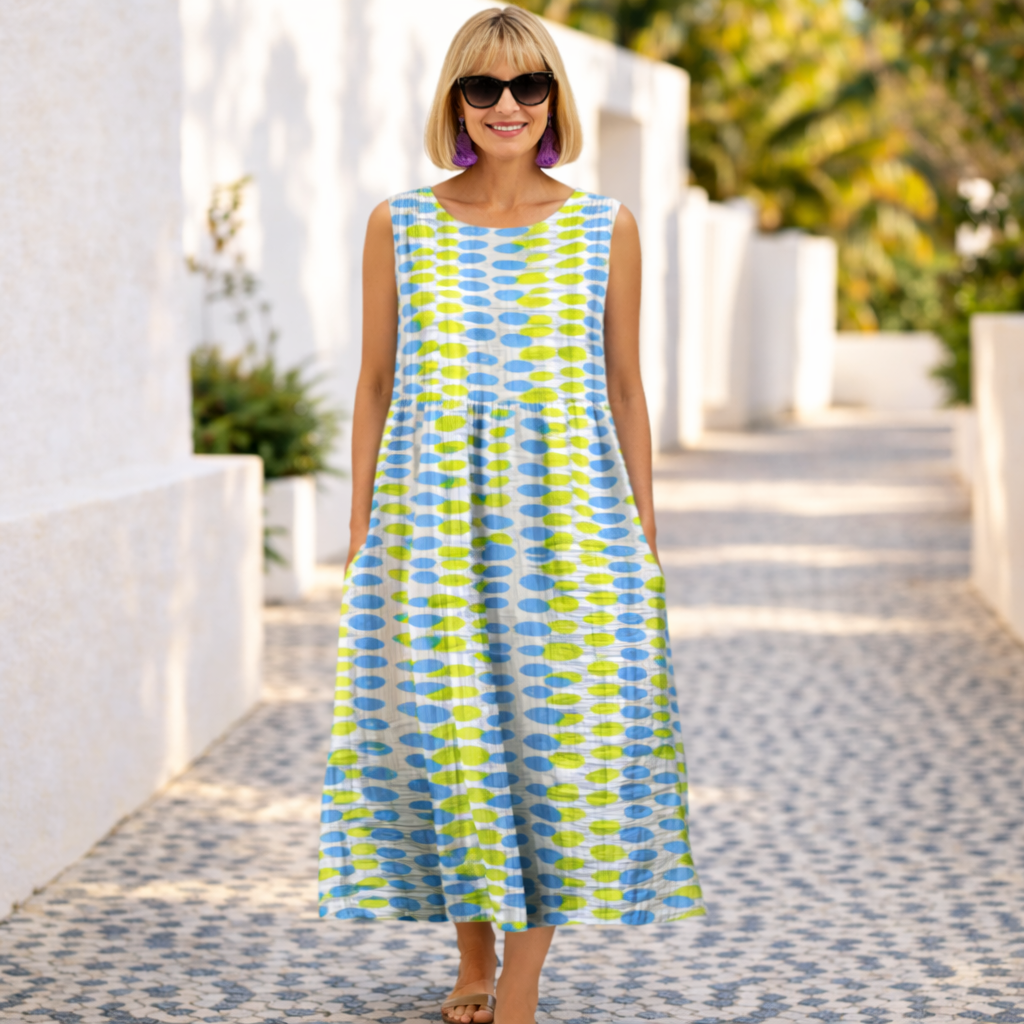 Green and blue dotted midi dress with sleeveless scoop neck and gathered skirt