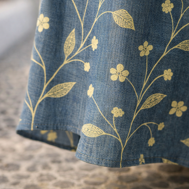 Navy midi dress hem with gold botanical pattern and gathered skirt detail