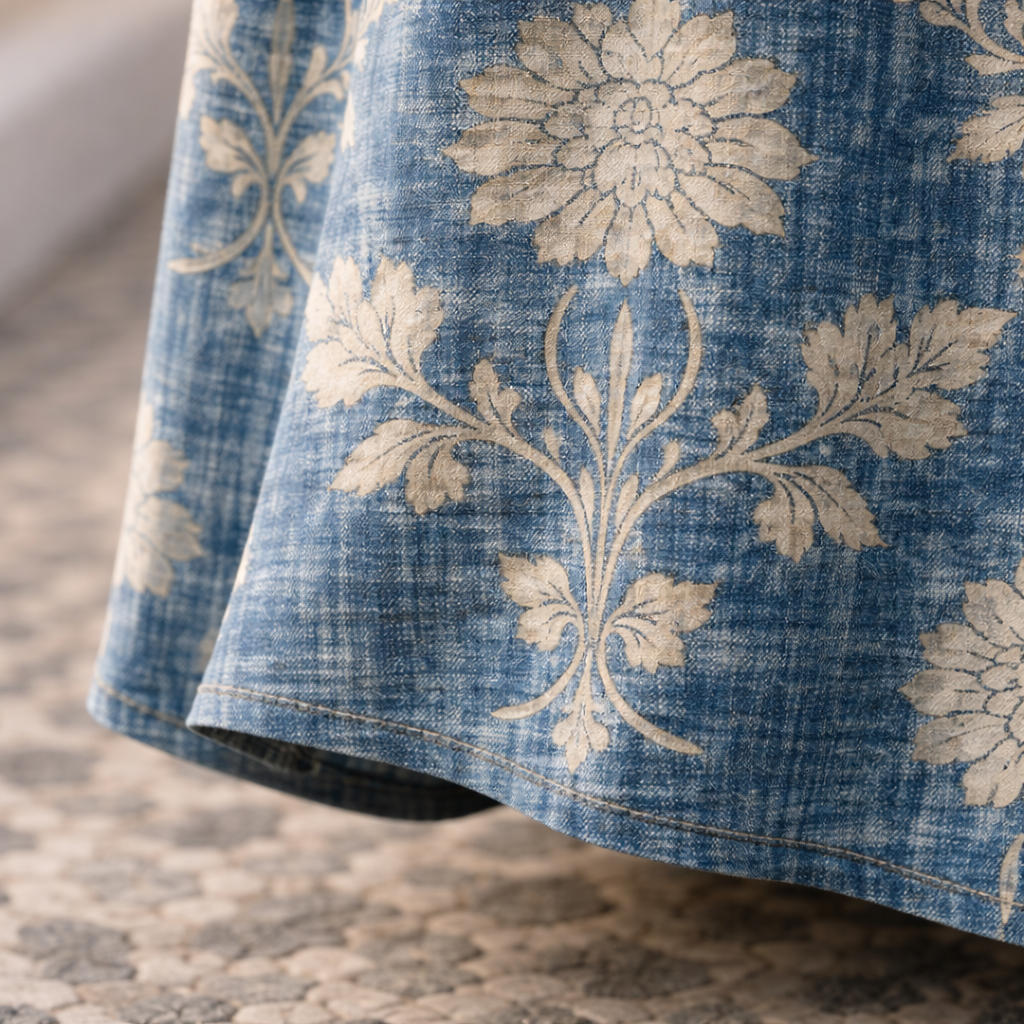 Blue floral midi dress hem detail with gathered skirt and textured fabric