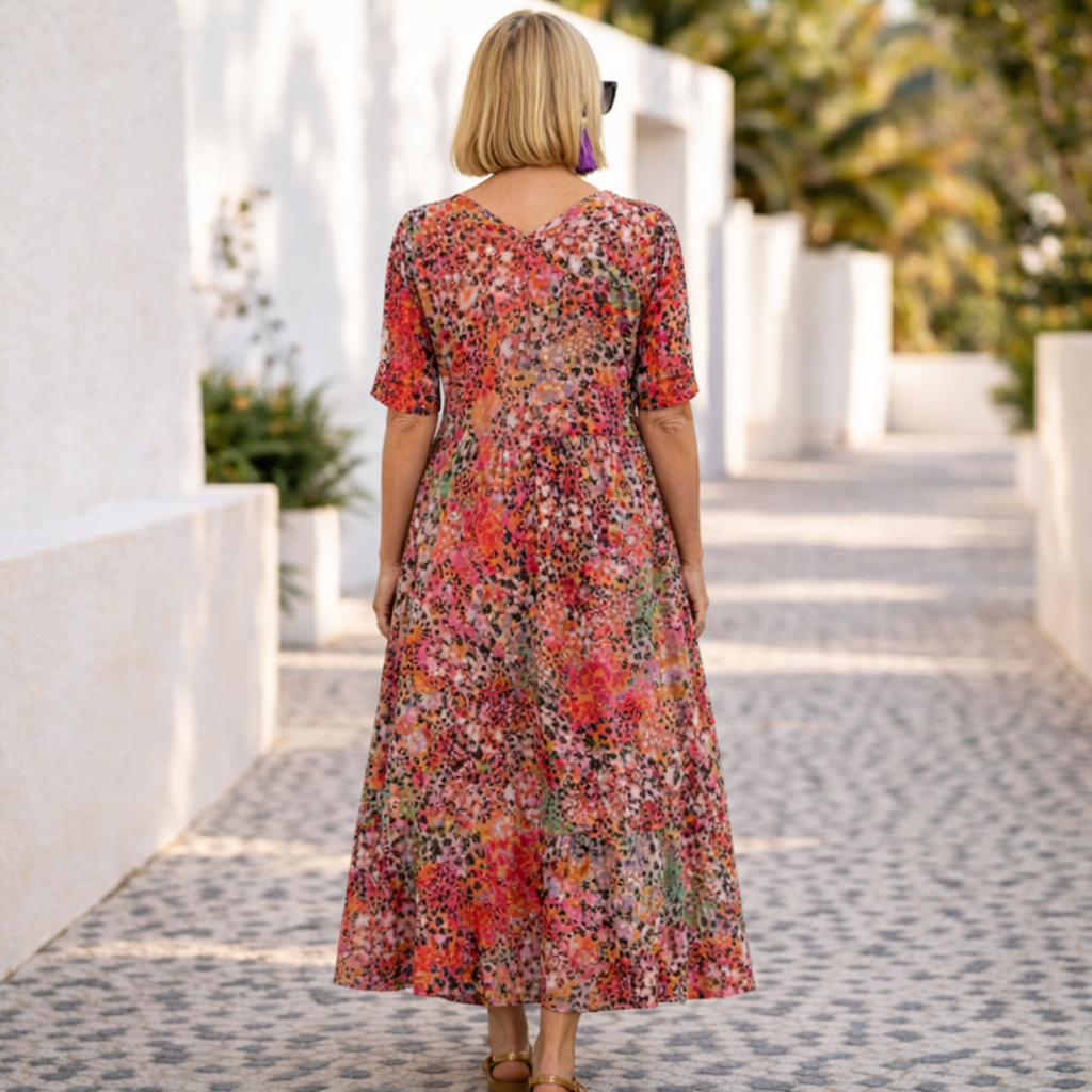 Floral midi dress back view in scarlet red with short sleeves and tiered skirt