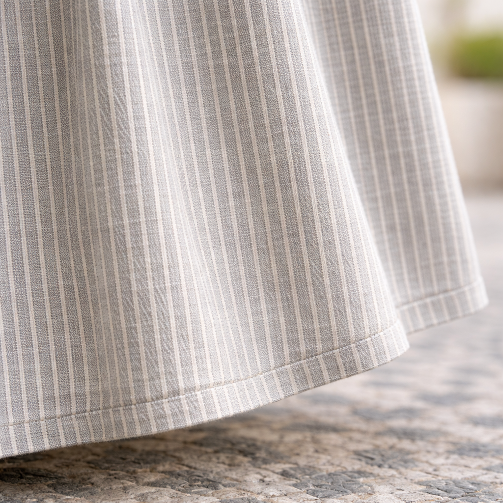 Gray striped midi dress hem with subtle ruffle and gathered skirt