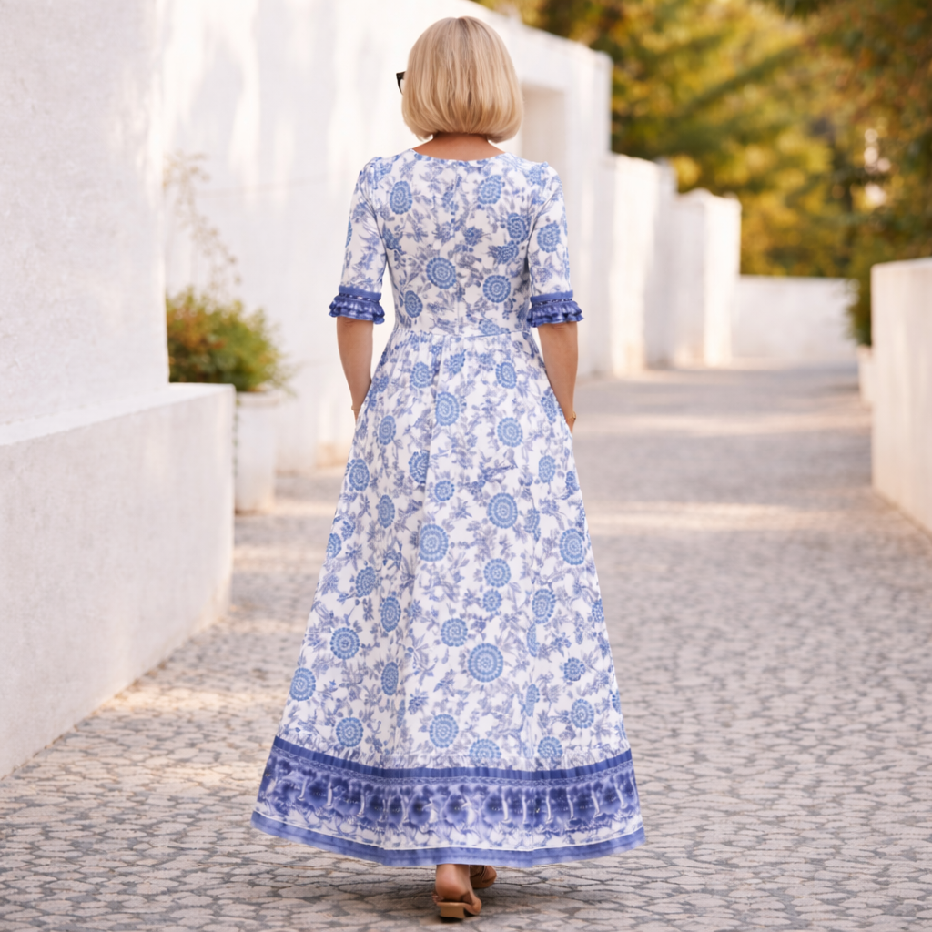 Blue floral maxi dress, back view, with V-neck and tiered hem