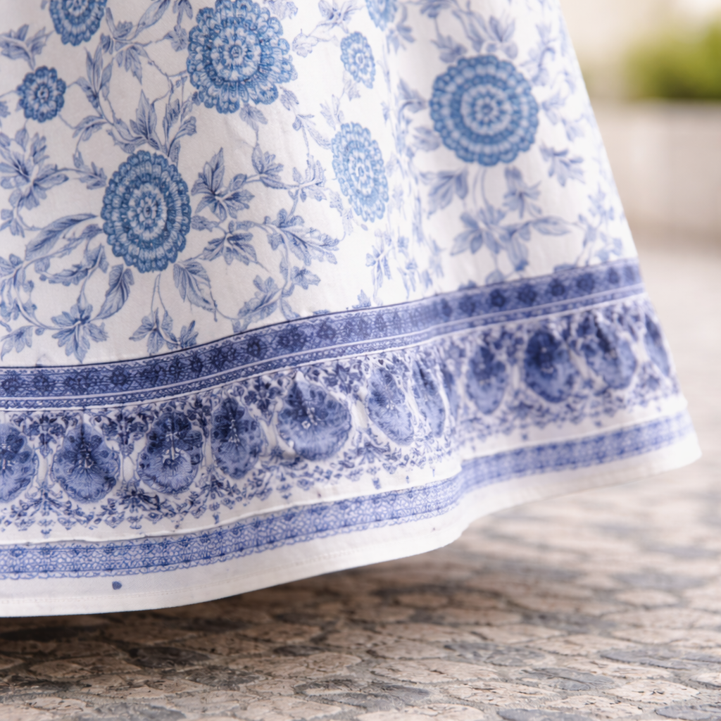 Blue floral maxi dress hem with ruffled border and border print