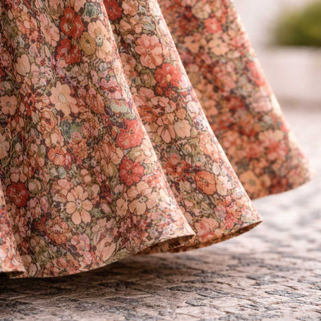 Floral summer dress hem detail with gathered skirt in red and green