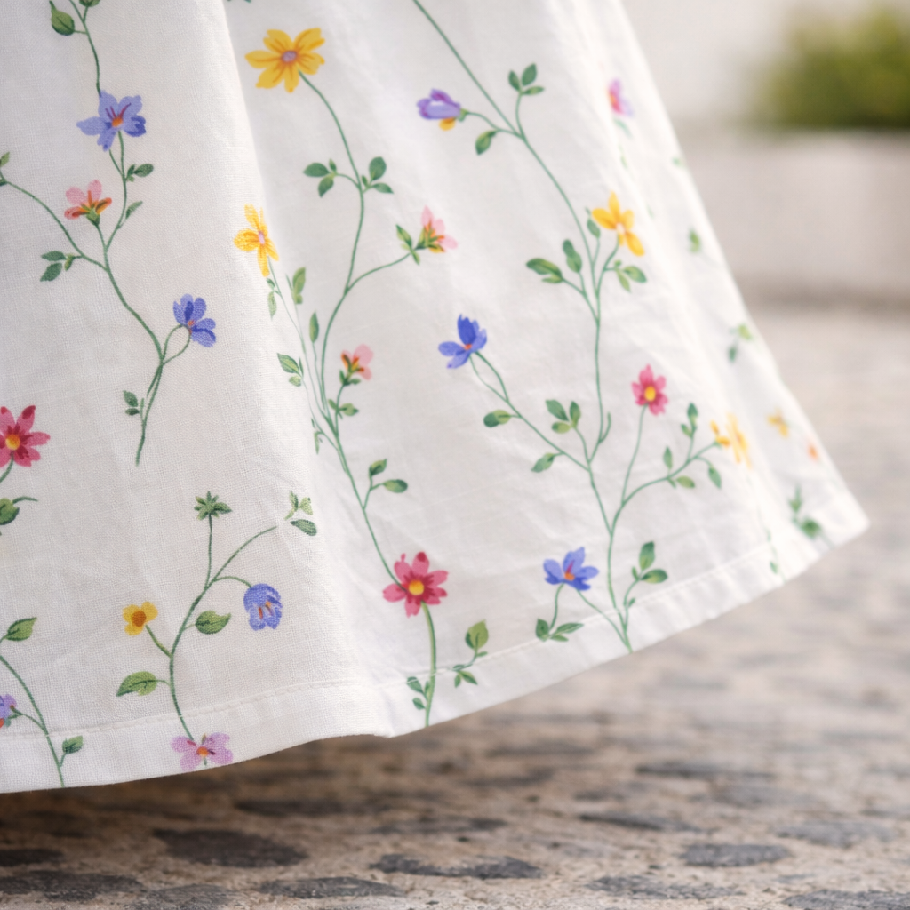 Close-up of white floral midi dress hem with small flower print
