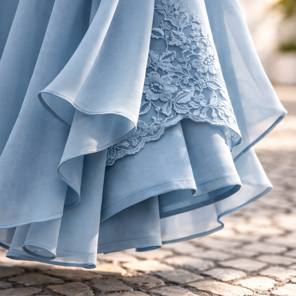 Sky blue long dress hem with scalloped lace appliqué and layered ruffle skirt