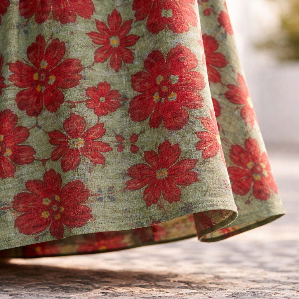 Floral dress hem with red blossoms on sage-green fabric