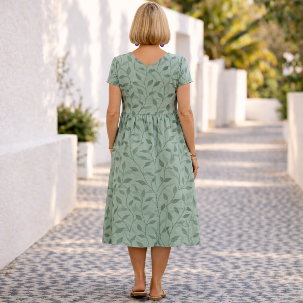 Calisse elegant summer dress in green leaf print, back view with gathered skirt