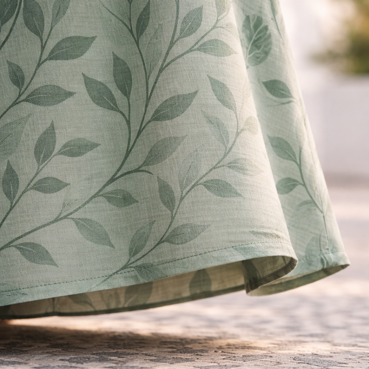 Calisse elegant summer dress fabric in green with leaf pattern and hem