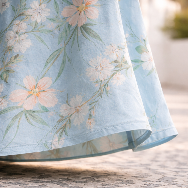 Blue floral midi dress close-up of hem and gathered fabric with blossoms