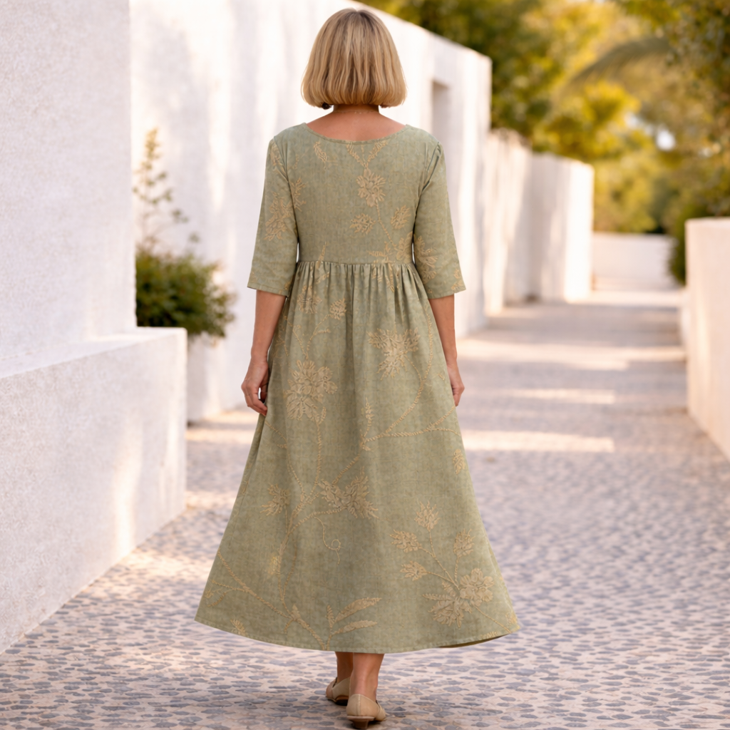 Back view of floral dress in dusty green with gold botanical embroidery, 3/4 sleeves