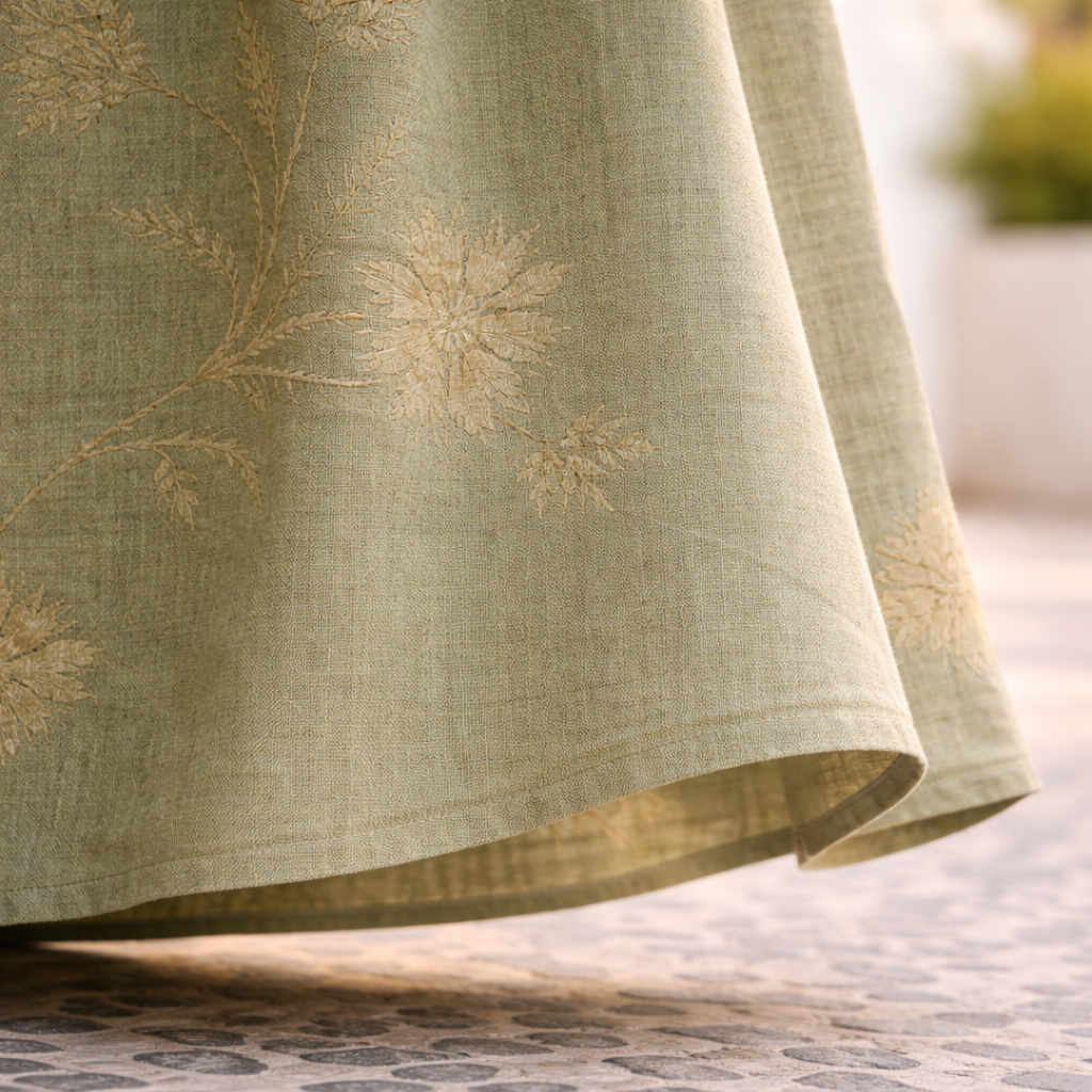 Dusty green floral dress with gold embroidered branches and gathered, tiered hem