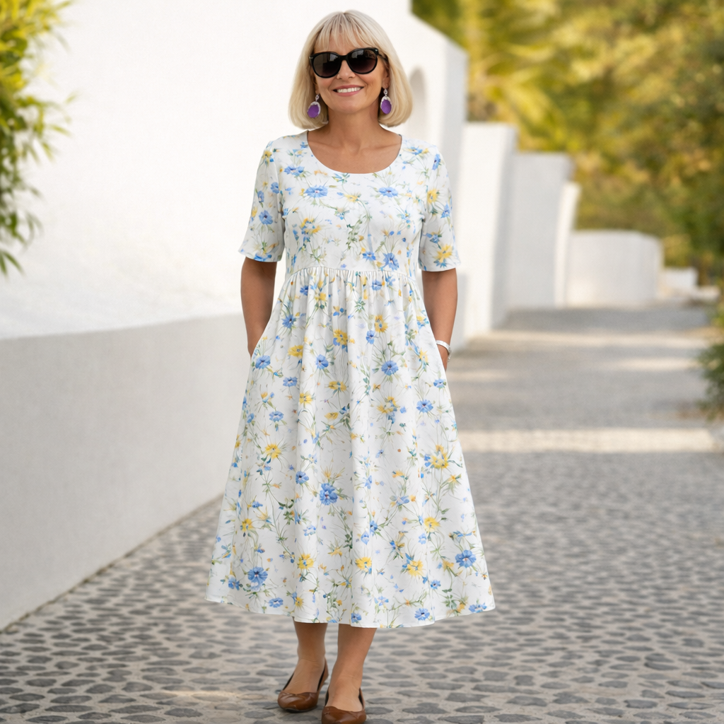 White floral midi dress with short sleeves and gathered waist