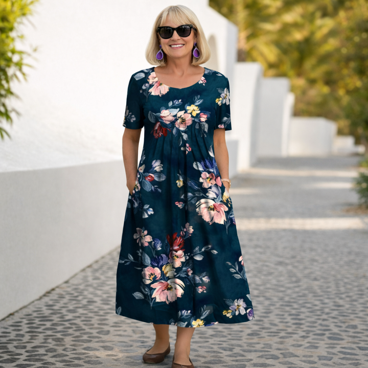 Navy floral midi dress with short sleeves and gathered skirt