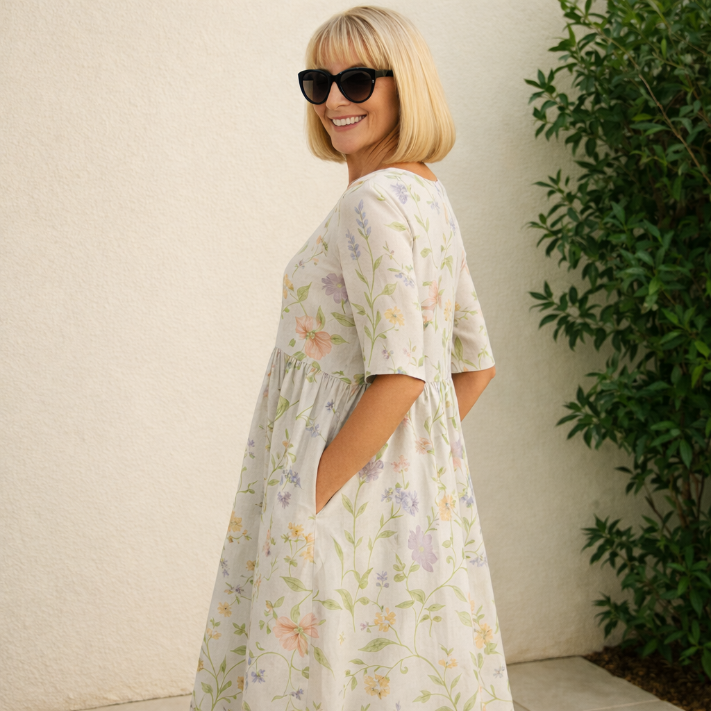 Light midi dress with pastel floral print, three-quarter sleeves, gathered waist