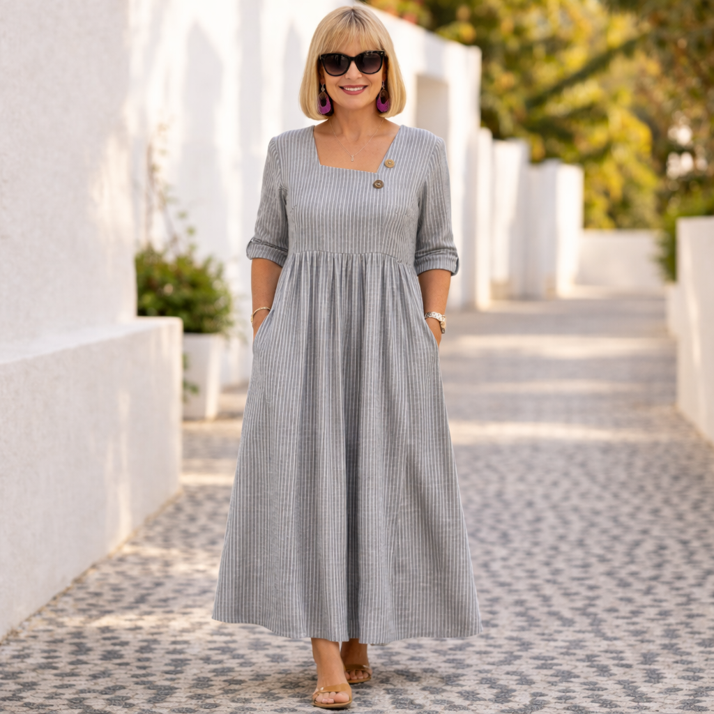 Gray striped midi dress with square neckline, button placket, and puff sleeves