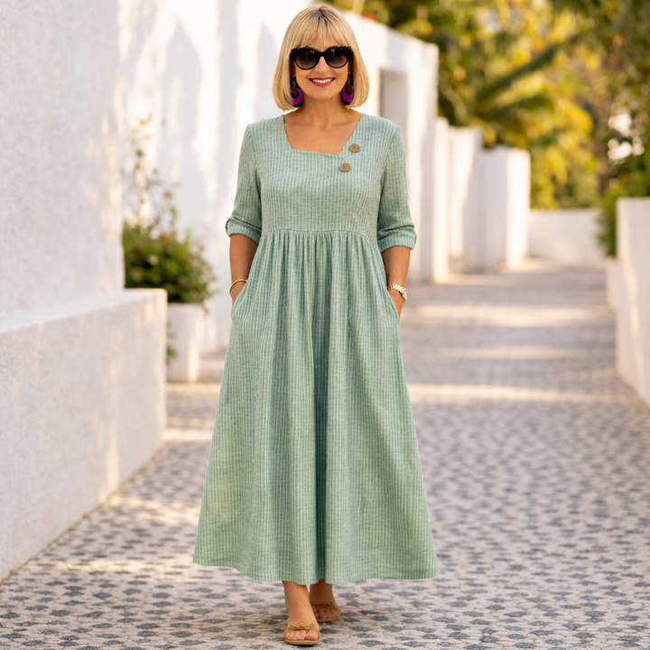 Green striped midi dress with square neckline, button front, and gathered waist