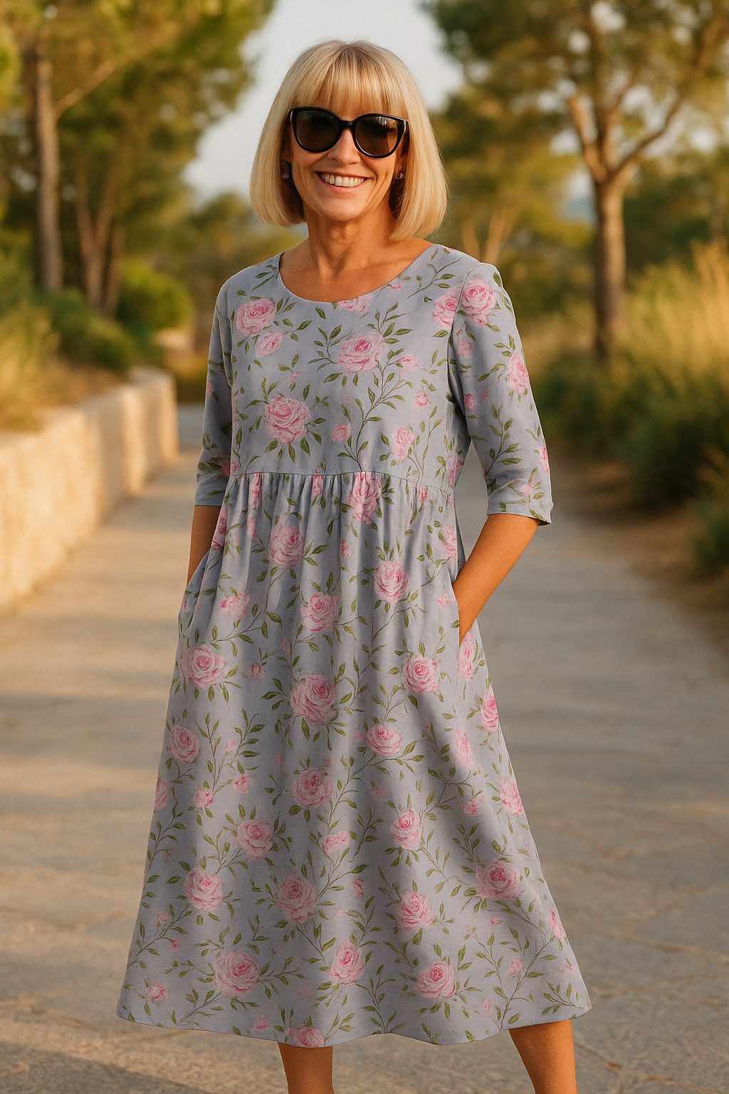 Light gray midi dress with pink rose floral print, three-quarter sleeves, gathered waist